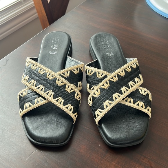 Lottini Made in Italy Leather Black Beige CrissCross Rafia Trim Leather Sandals - Picture 5 of 17